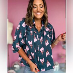 Karlie Teal Poppy Print Button Front Ruffle Puff Sleeve Top